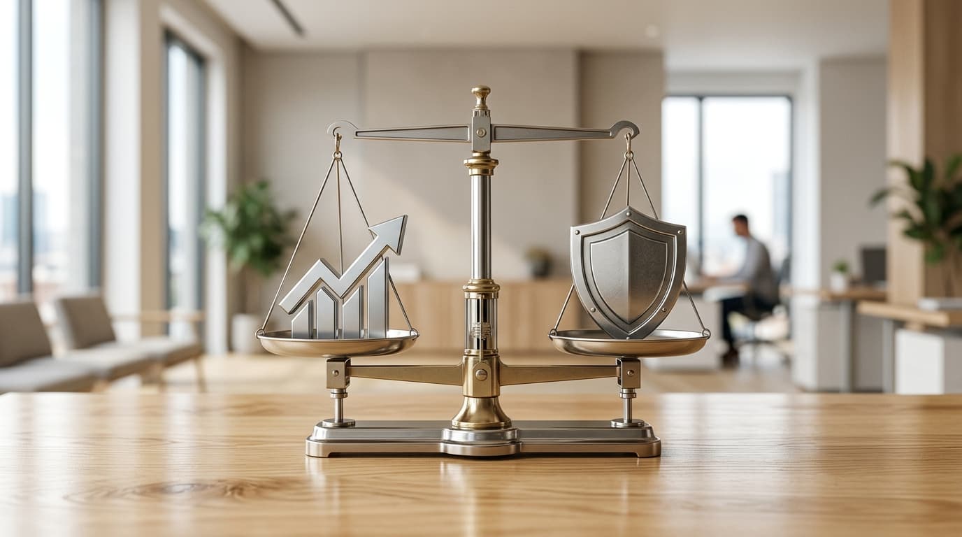Illustrative image showing the choice of contribution guarantee for the Altersvorsorgedepot, with scales balancing return and security.