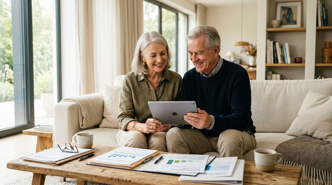 An older couple relaxedly looks at a digital tablet in their bright living room, surrounded by documents on private pension provision.