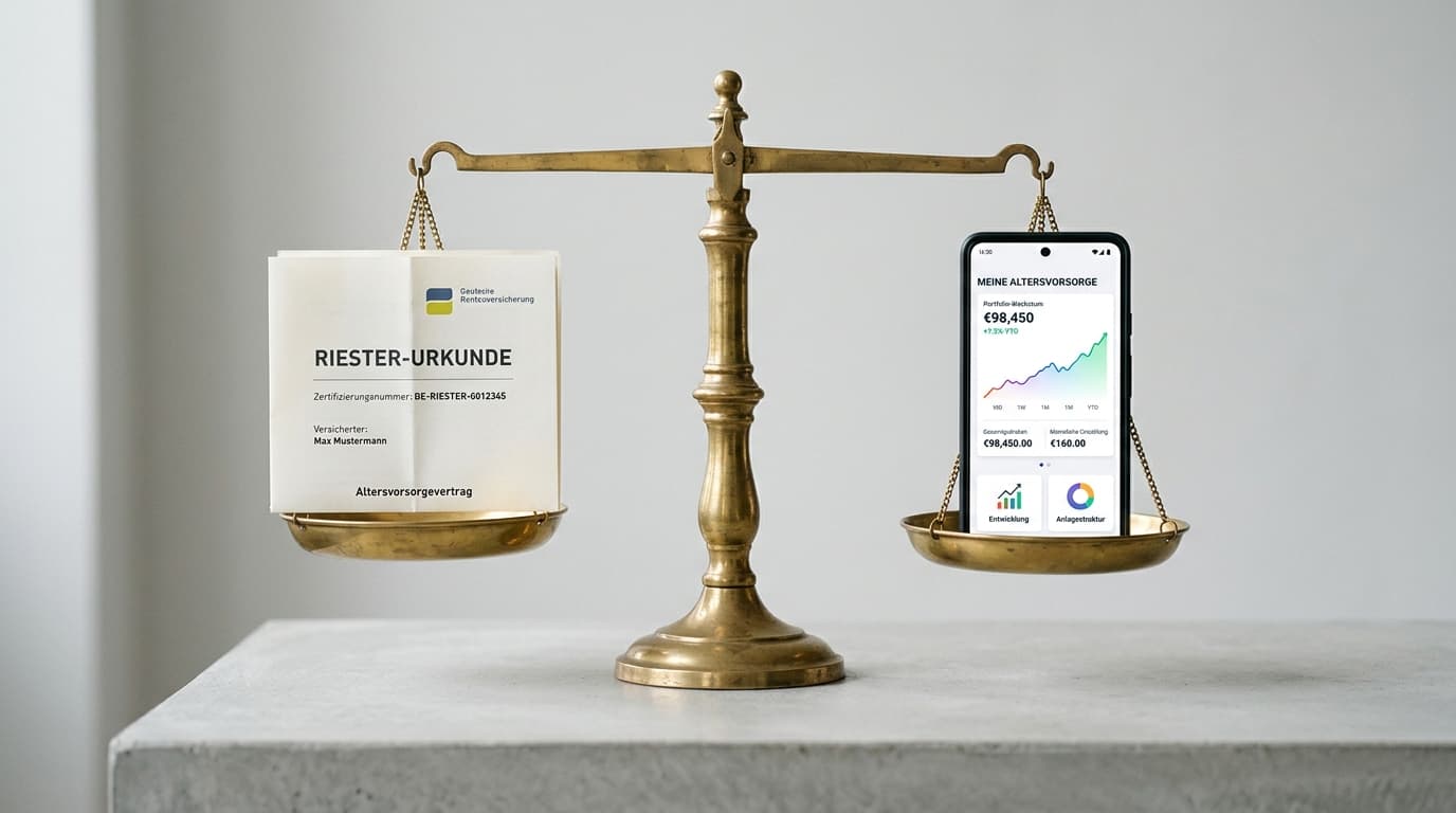A symbolic set of scales weighing a Riester certificate on one side against a modern digital Altersvorsorgedepot on a smartphone on the other.