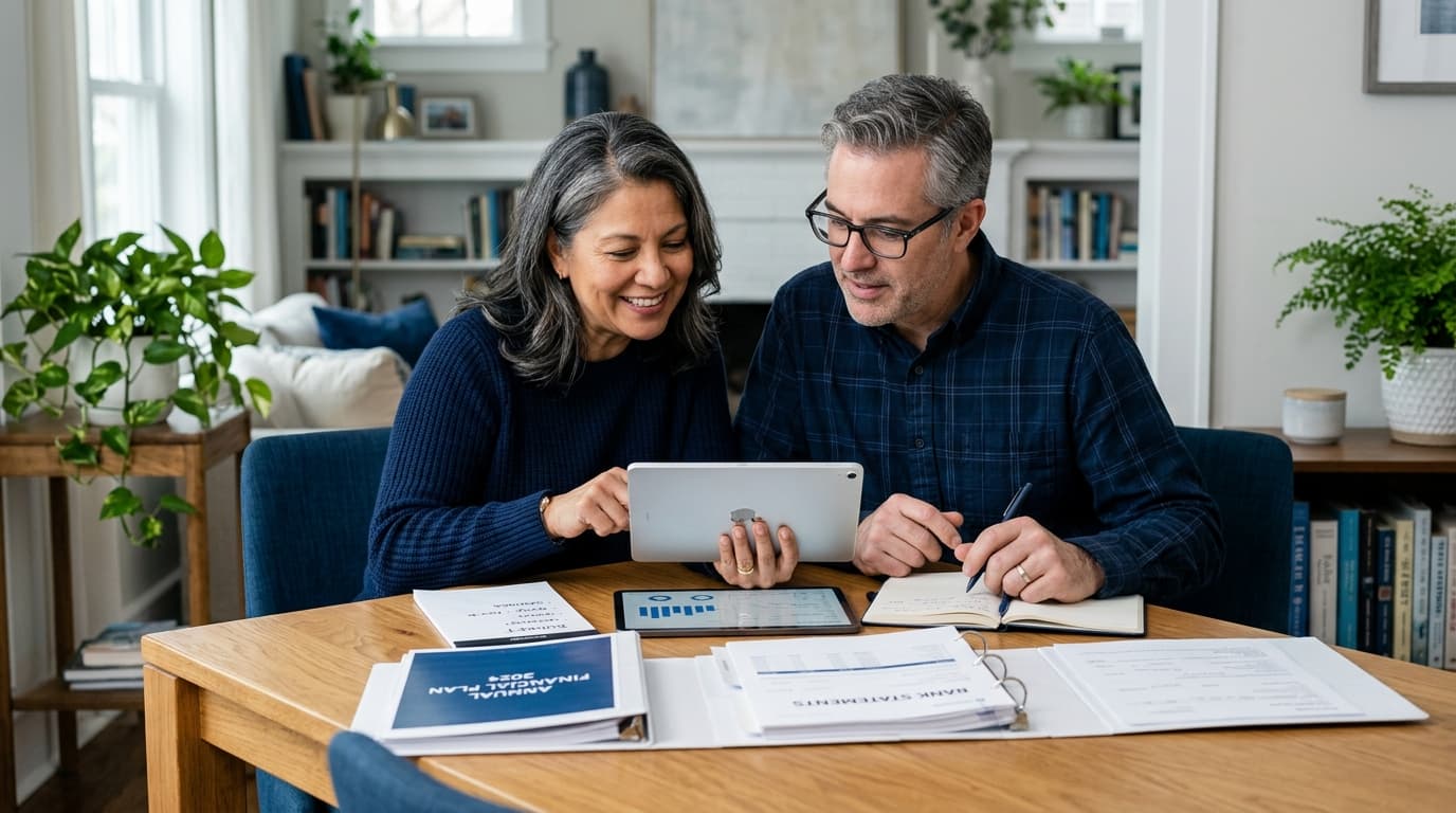 A married couple sits at a table planning their optimal household retirement provision together with a tablet and documents. · AI-generated