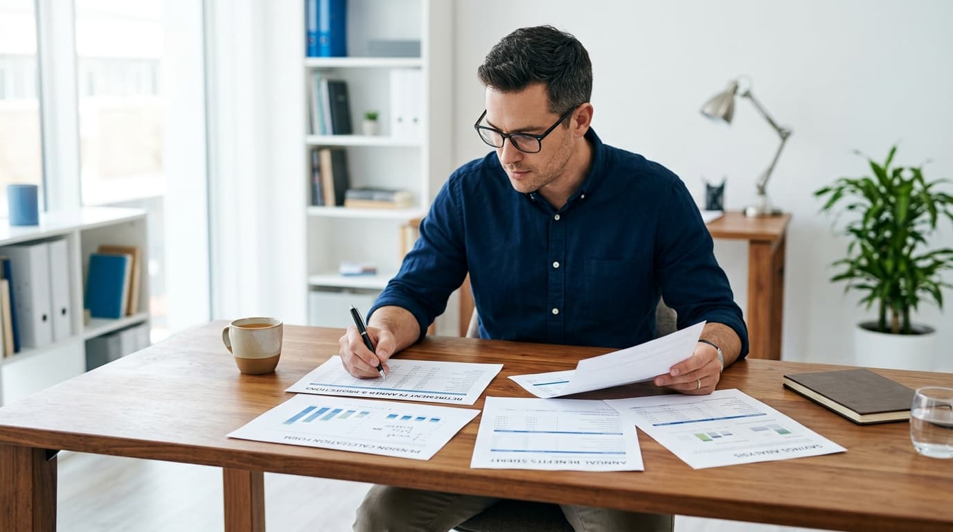 Ein Selbständiger am Schreibtisch analysiert verschiedene Dokumente zur Altersvorsorge, die AVD, Rürup und gesetzliche Rente symbolisieren. · KI-generiert