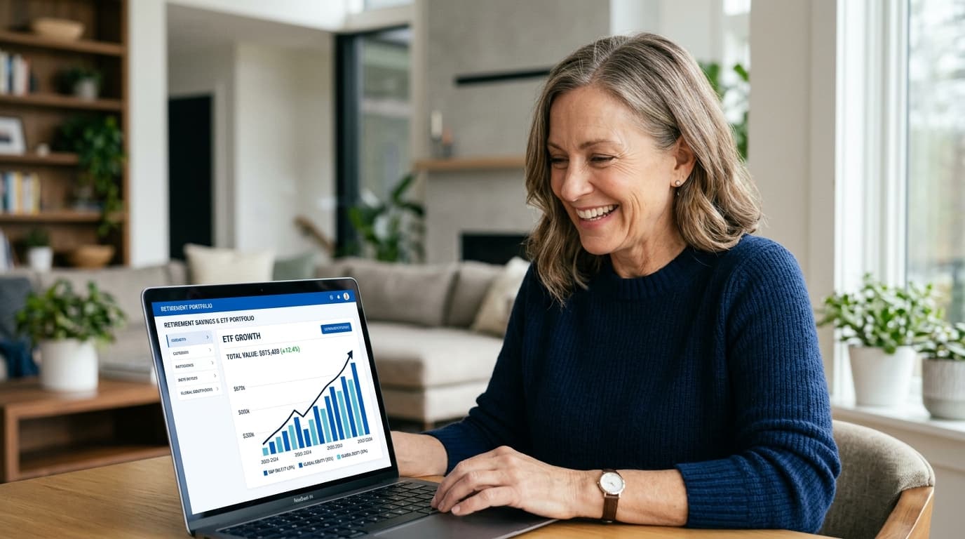 An older person aged 55 smiles at a laptop screen showing a rising financial curve for retirement savings and a profitable ETF portfolio.