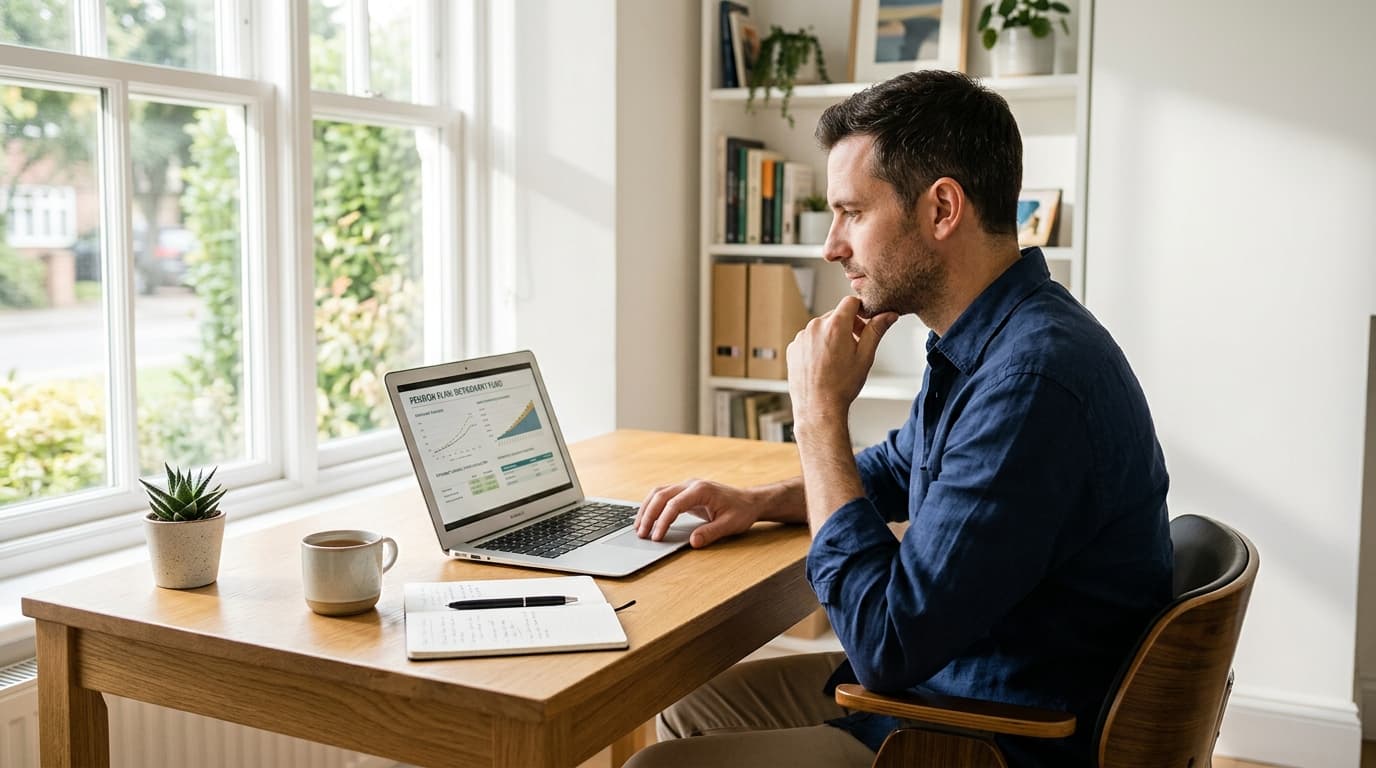 A self-employed entrepreneur works with focus at his laptop in the office, planning his private pension provision for the new Altersvorsorgedepot.