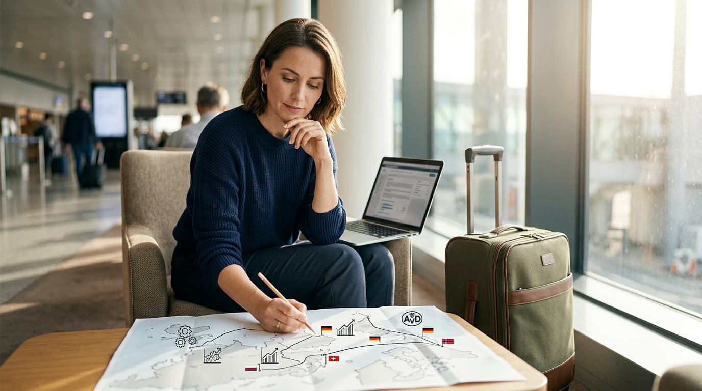 A person with a suitcase and a laptop on their lap looks over a map with symbols for the German Altersvorsorgedepot and international flags.