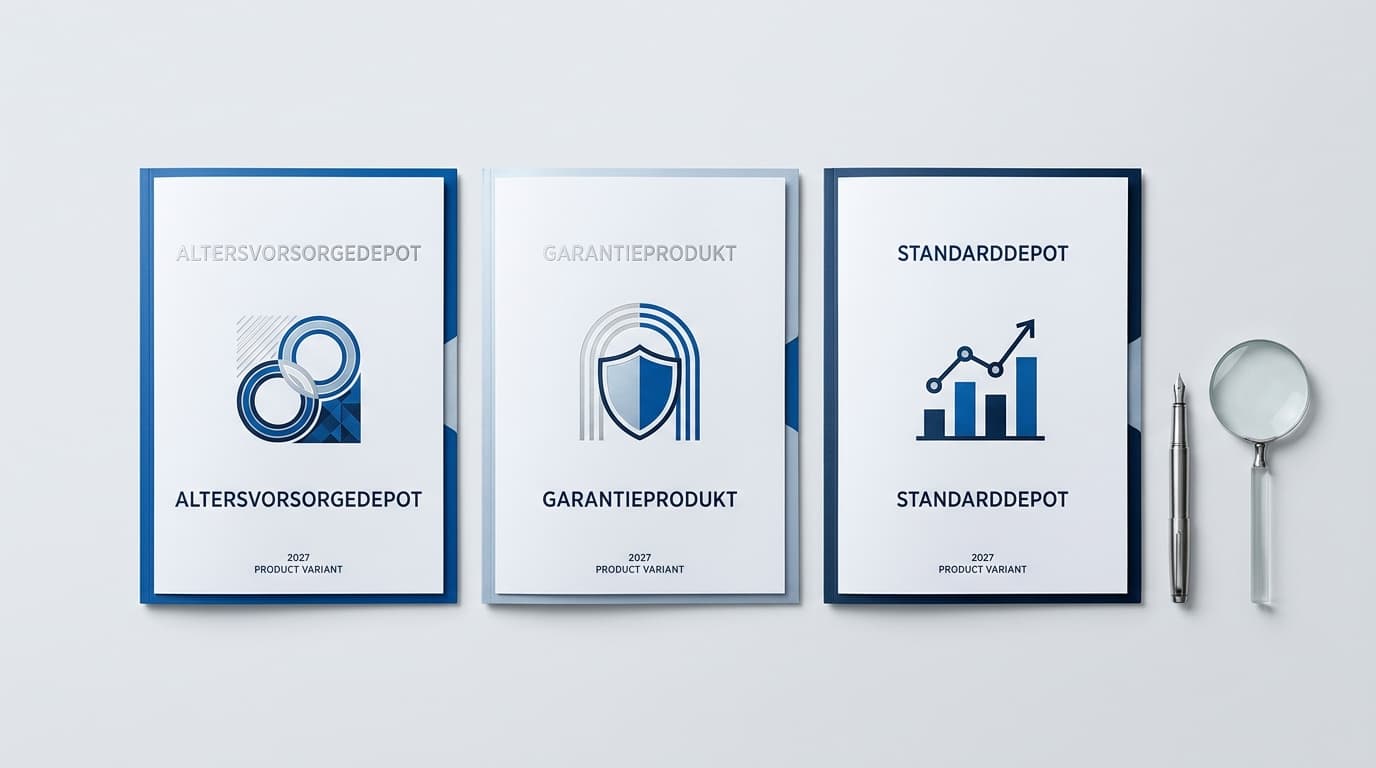 Infographic showing the three product variants in the new subsidy system from 2027: Altersvorsorgedepot, guarantee product and Standarddepot compared.