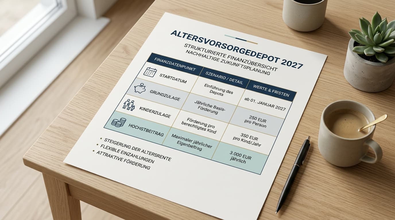 Infografik zum Altersvorsorgedepot 2027 mit einer übersichtlichen Tabelle aller wichtigen Eckdaten wie Starttermin, Grundzulage, Kinderzulage und Höchstbeitrag.