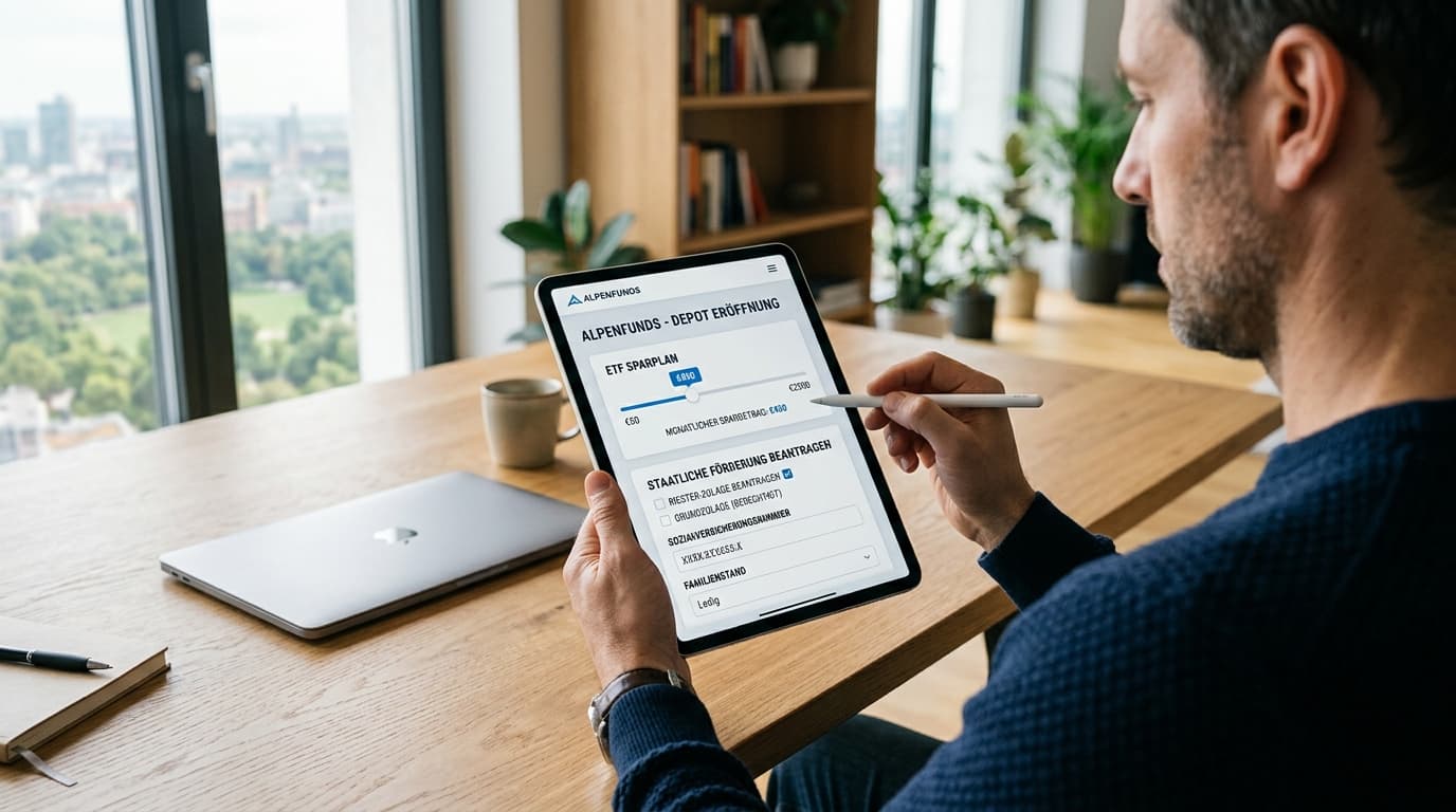 An investor at a desk sets up their new Altersvorsorgedepot on a tablet screen, with an automated ETF savings plan and a state allowance application.