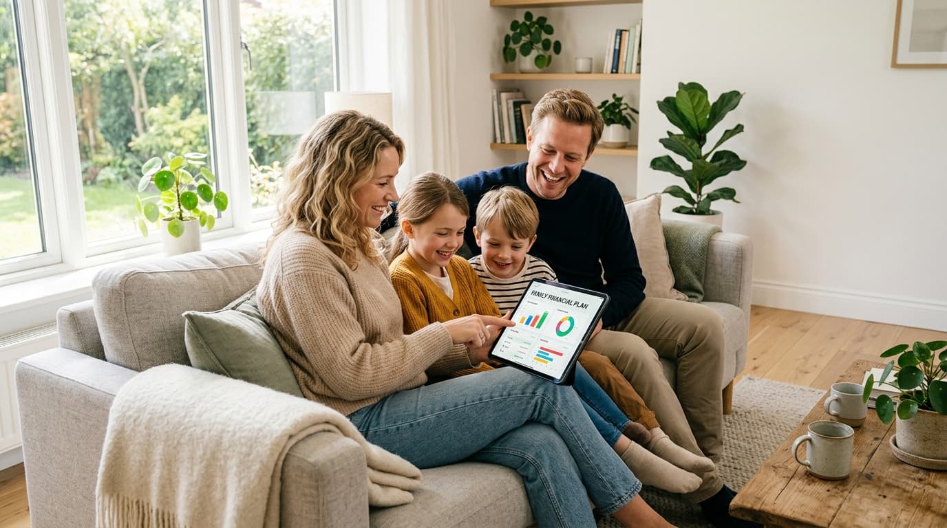 A happy family with two children sits relaxed in the living room, planning their financial future together with a digital tablet.