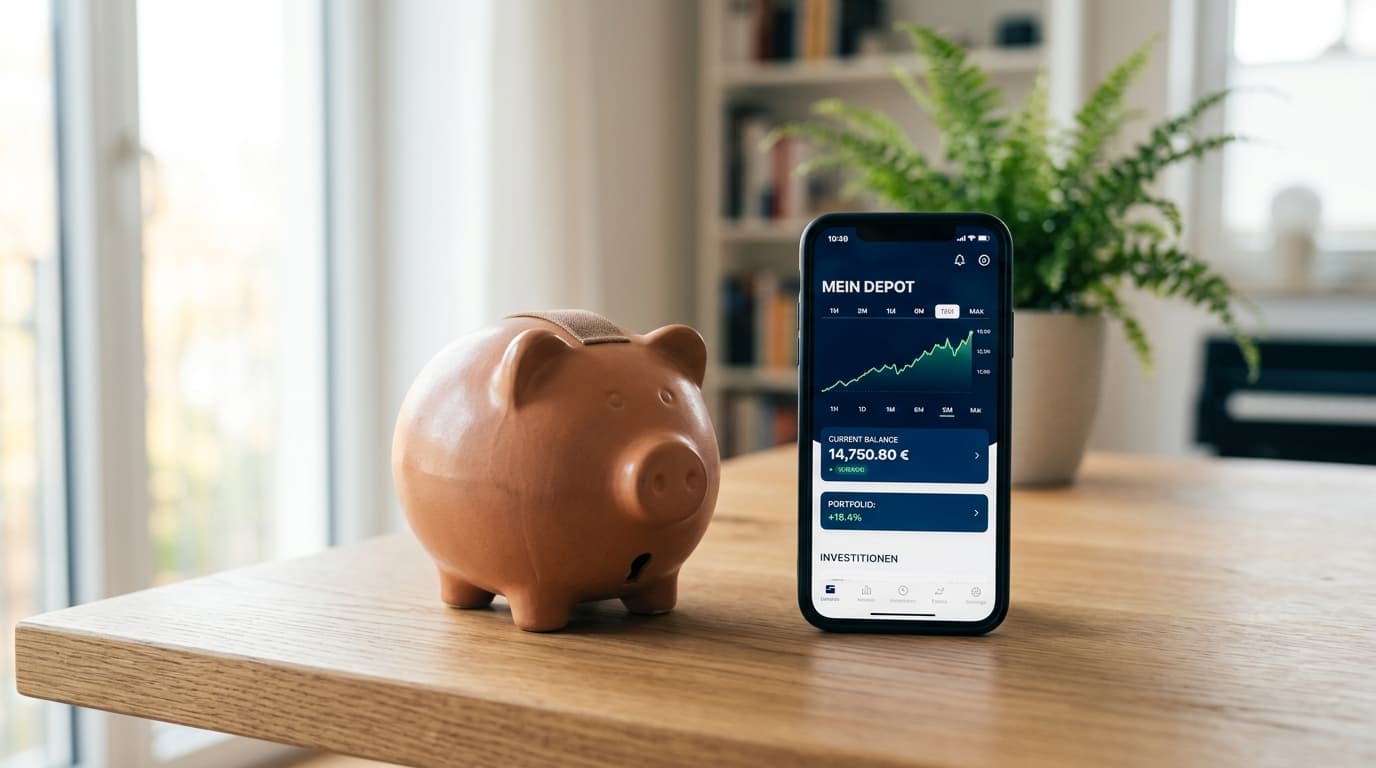 A comparison of a piggy bank and a digital account on a table, symbolising the comparison between Riester and the Altersvorsorgedepot.