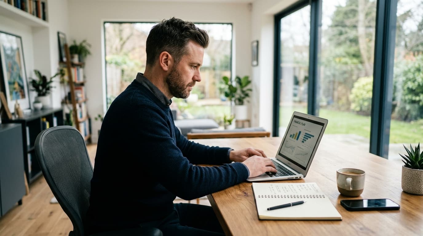 A self-employed entrepreneur works with focus on a laptop in a modern home office, a notepad with pension calculations beside them in front of a bright window