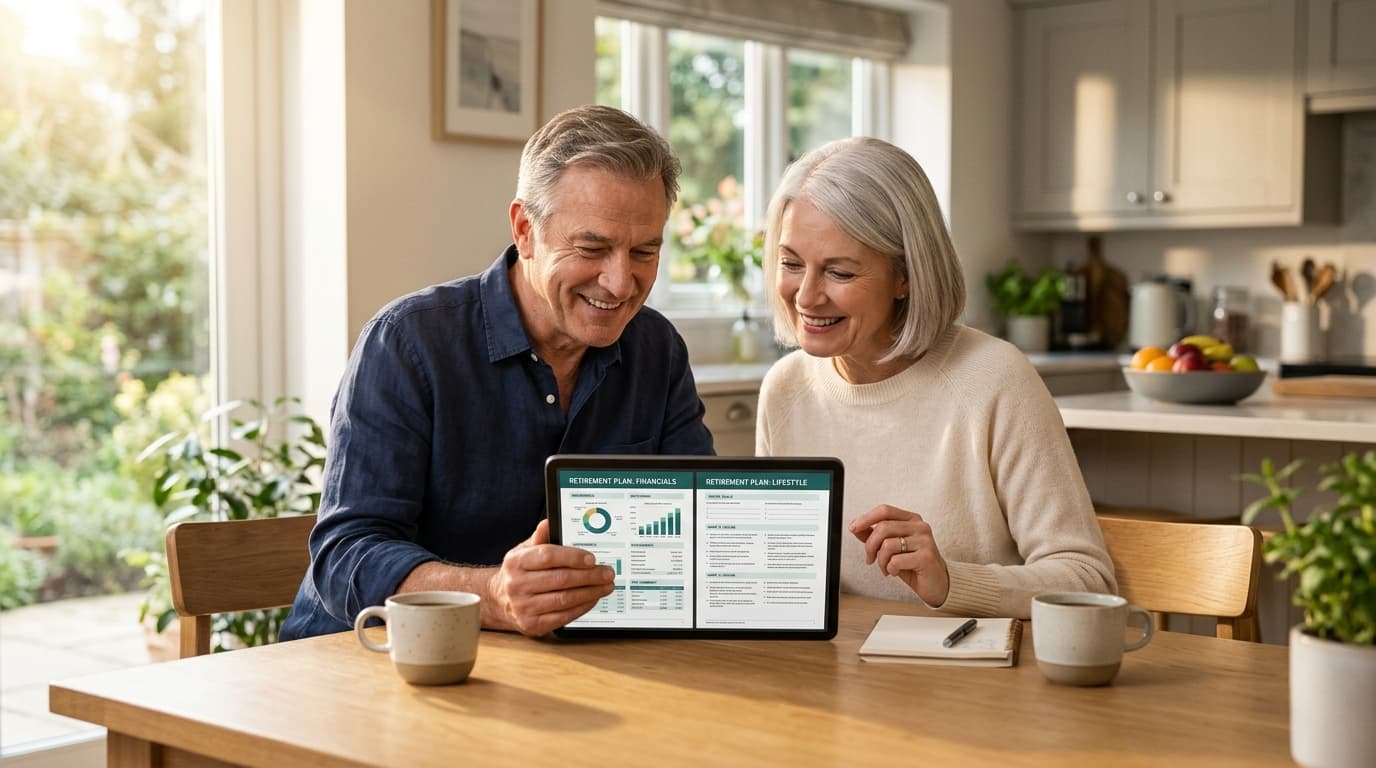 A married couple sits at the kitchen table, happily discussing their pension provision on a tablet with separate documents