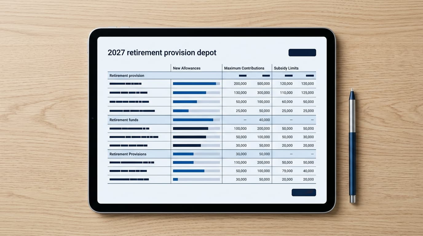 Eine übersichtliche Tabelle mit den neuen Zulagen, dem Höchstbeitrag und den Fördergrenzen für das Altersvorsorgedepot 2027 auf einem Tablet. · KI-generiert