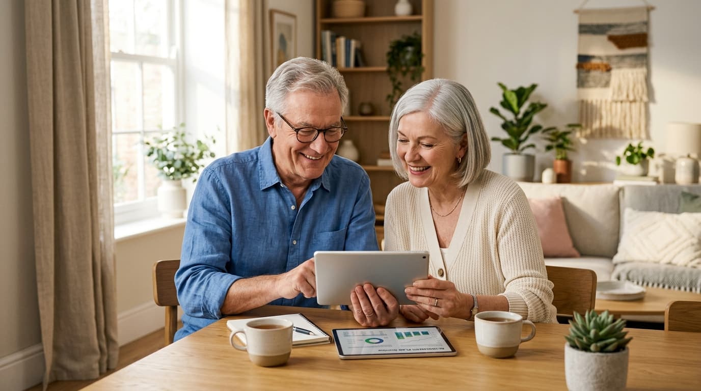 An older couple sit relaxed at a table with a tablet, smiling as they discuss the safe allocation of their finances ahead of retirement.