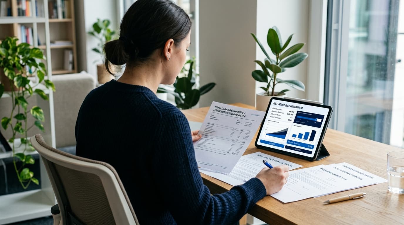 A person looks at a payslip and Minijob paperwork next to a tablet showing the Altersvorsorgedepot calculator.