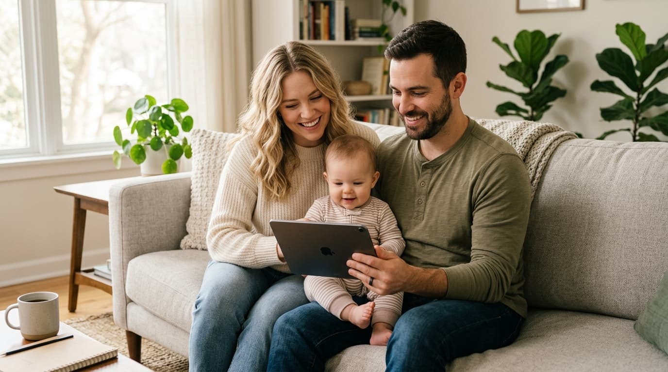 A happy young family with a baby on the sofa, planning the new Altersvorsorgedepot for parental leave together on a tablet.