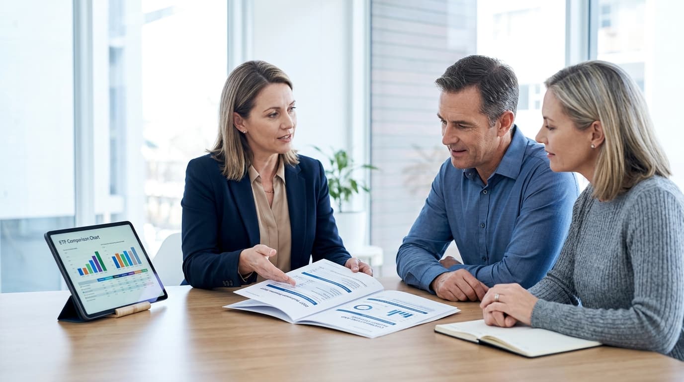 A neutral financial adviser discusses the terms of the new 2027 Altersvorsorgedepot with a couple at a desk, while a tablet showing ETF comparisons lies in the background.