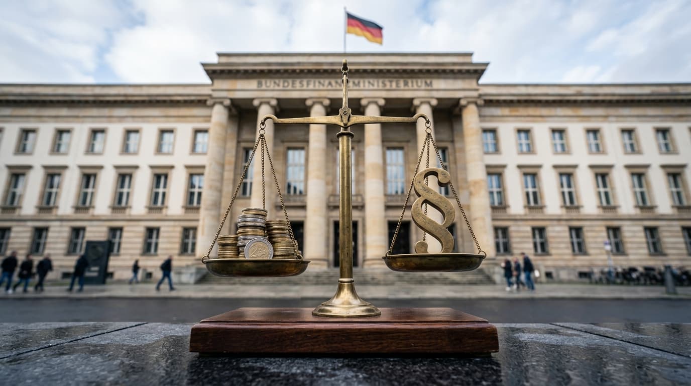 Symbolic image for the retirement provision debate: scales with coins and a paragraph sign in front of the Federal Ministry of Finance in Berlin.