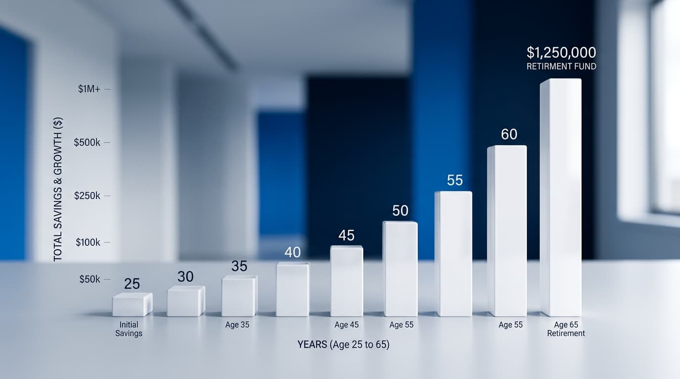 A graphic illustrating the compounding effect over 40 years for a savings start at age 25, visualising the growth of an Altersvorsorgedepot through to retirement.