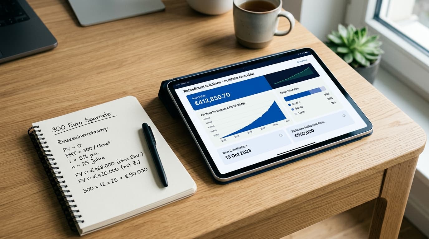 A bright, modern illustration of an Altersvorsorgedepot on a tablet, next to a notepad reading "€300 monthly contribution" with compound-interest calculations.