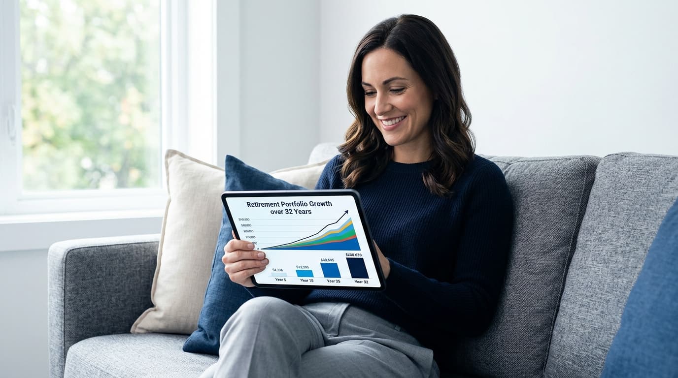 A 35-year-old smiles as they look at a tablet showing a clear infographic on how their Altersvorsorgedepot develops over a 32-year term.