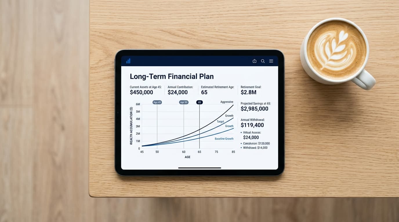 A modern financial plan on a tablet screen next to a cup of coffee, showing long-term wealth growth and pension calculations for starting at 45.