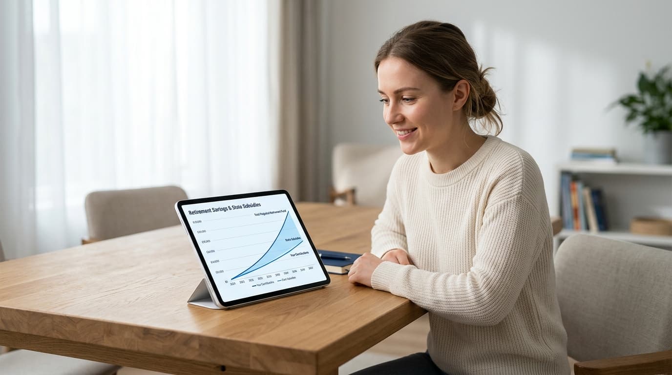 Eine junge Frau blickt optimistisch auf ein Tablet, das eine wachsende Grafik über Altersvorsorge und staatliche Zulagen anzeigt.