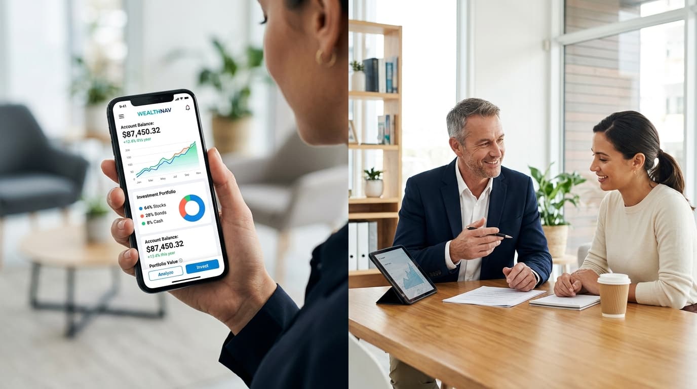 A split screen shows a smartphone with a modern finance app on the left and two people in a trusting advisory conversation on the right.