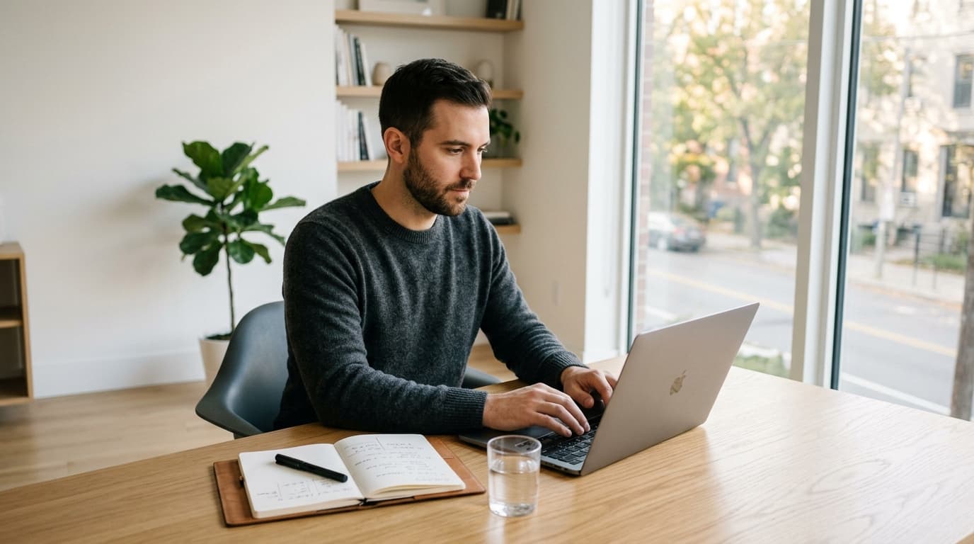 A self-employed entrepreneur works with focus on a laptop at a bright desk, flexibly planning their financial retirement provision with the Altersvorsorgedepot.