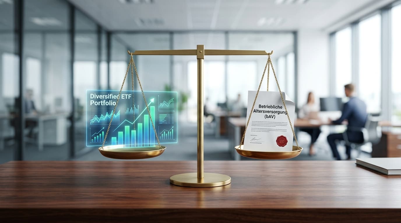 Eine Waage, auf deren einer Seite ein modernes Altersvorsorgedepot mit ETFs und auf der anderen Seite ein Vertrag zur betrieblichen Altersvorsorge (bAV) vor einer modernen Büro-Kulisse abgebildet ist.
