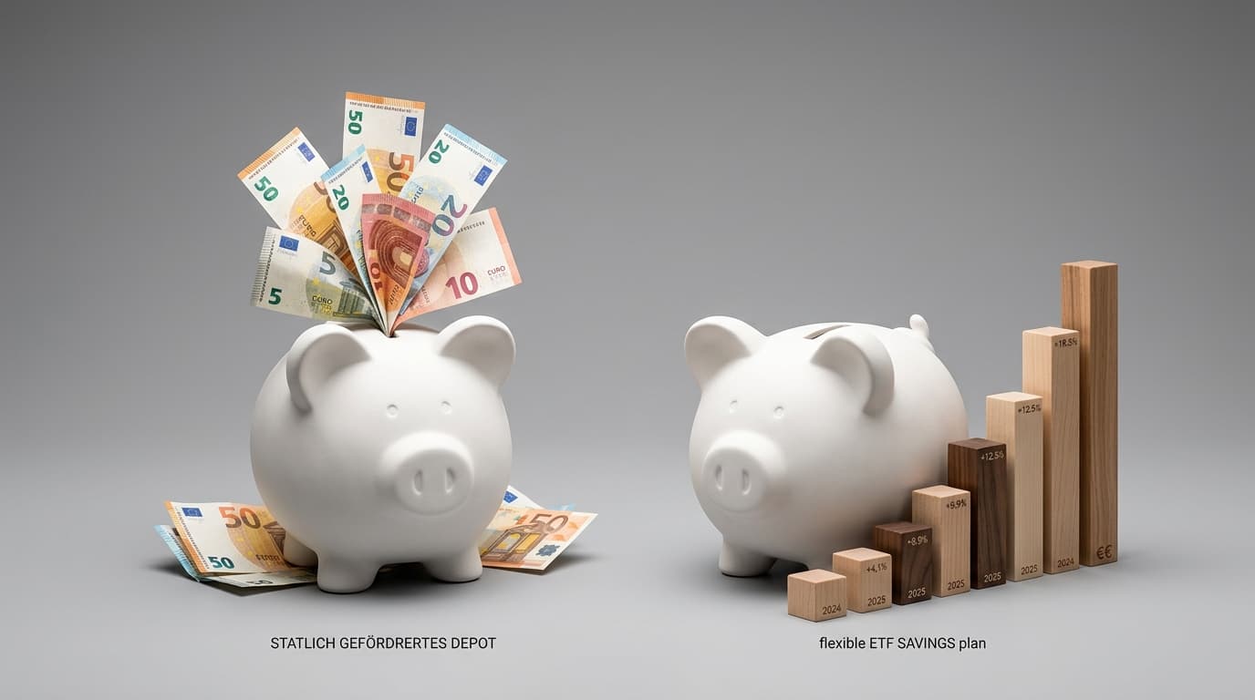 Eine schematische Gegenüberstellung zweier Sparschweine: das eine symbolisiert das staatlich geförderte Altersvorsorgedepot mit Geldscheinen, das andere einen flexiblen ETF-Sparplan.
