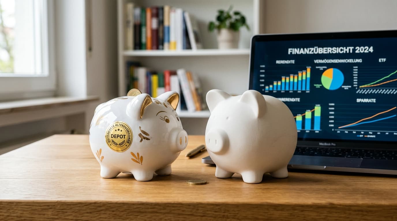 A comparison of two piggy banks in front of a laptop showing financial charts, one symbolising the subsidised Altersvorsorgedepot and the other the classic ETF savings plan.