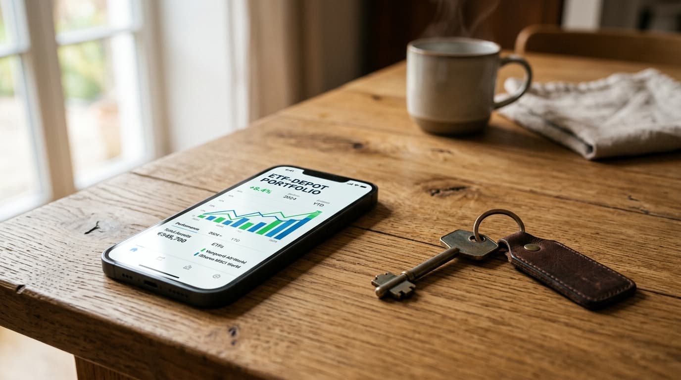 A side-by-side image of a modern smartphone showing an ETF account graphic and a physical house key on a wooden table, symbolising the comparison between securities investment and property.