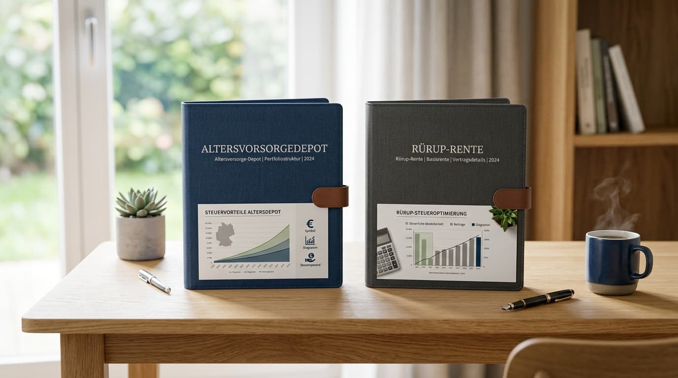 Ein detaillierter, schematischer Vergleich zwischen einem modernen Wertpapierdepot (Altersvorsorgedepot) und einer klassischen Rentenpolice (Rürup-Rente) vor dem Hintergrund deutscher Steuernachweise.