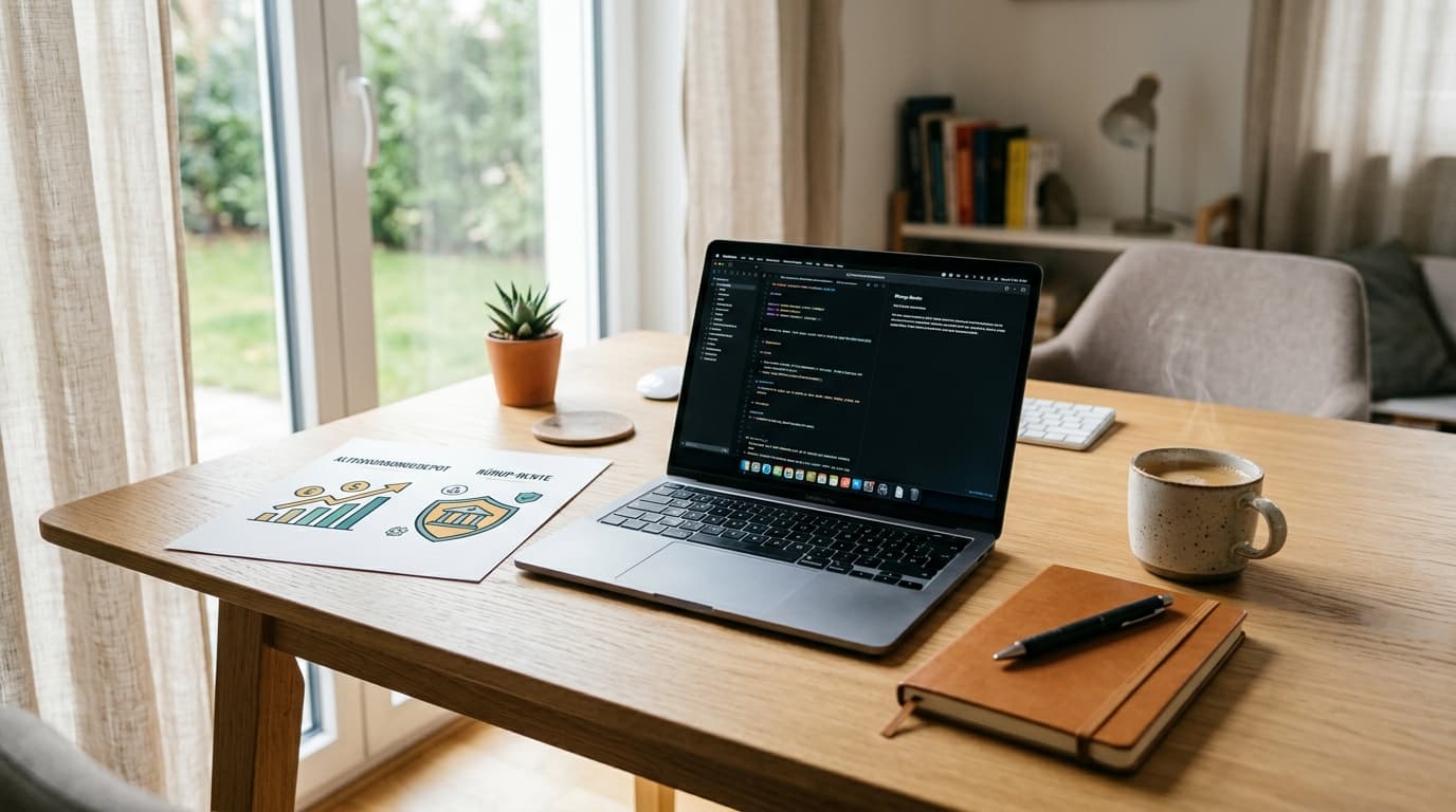Ein moderner Arbeitsplatz eines Selbstständigen mit Laptop, Notizblock und einer grafischen Gegenüberstellung der Symbole für das Altersvorsorgedepot und die Rürup-Rente.