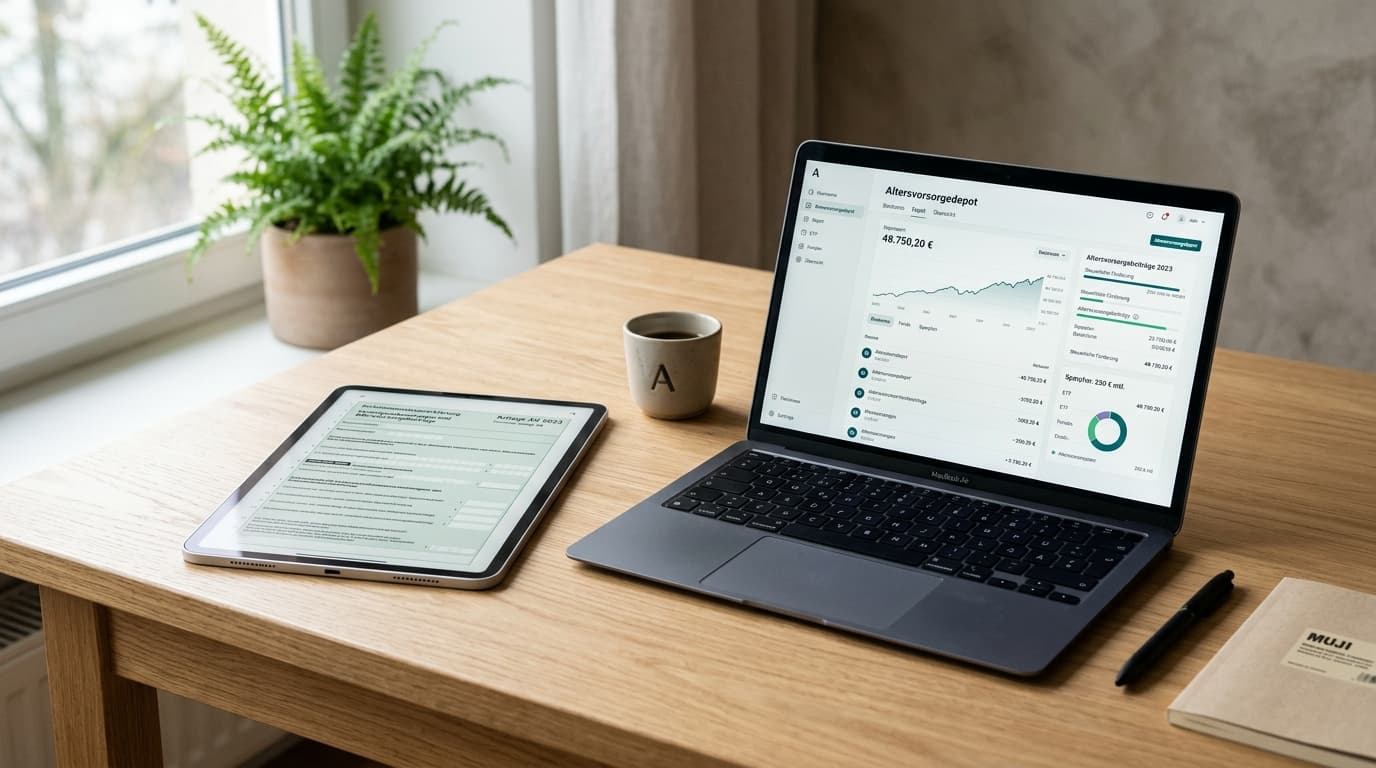 A tax form, Anlage AV, on a tablet next to a laptop with an open Altersvorsorgedepot at a neobroker.