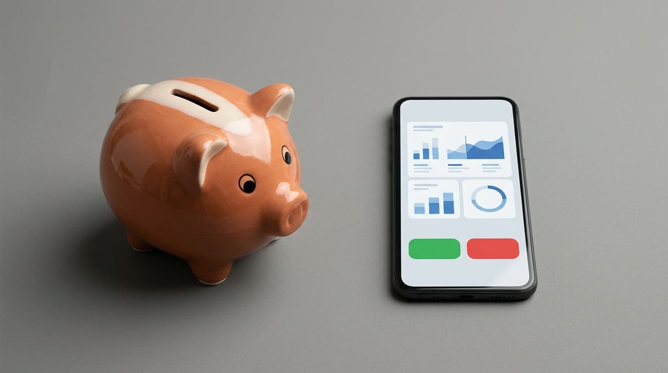 A schematic illustration of a piggy bank next to a modern smartphone with a portfolio app, visualising the choice between cancelling and continuing the account.