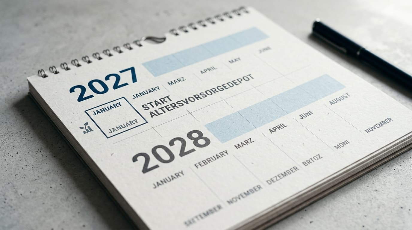Symbolic illustration of a calendar highlighting the years 2027 and 2028 for the launch of the Altersvorsorgedepot.