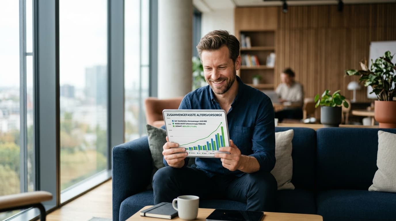 A satisfied employee looks at a tablet showing the combined performance of his company pension scheme and his new Altersvorsorgedepot.