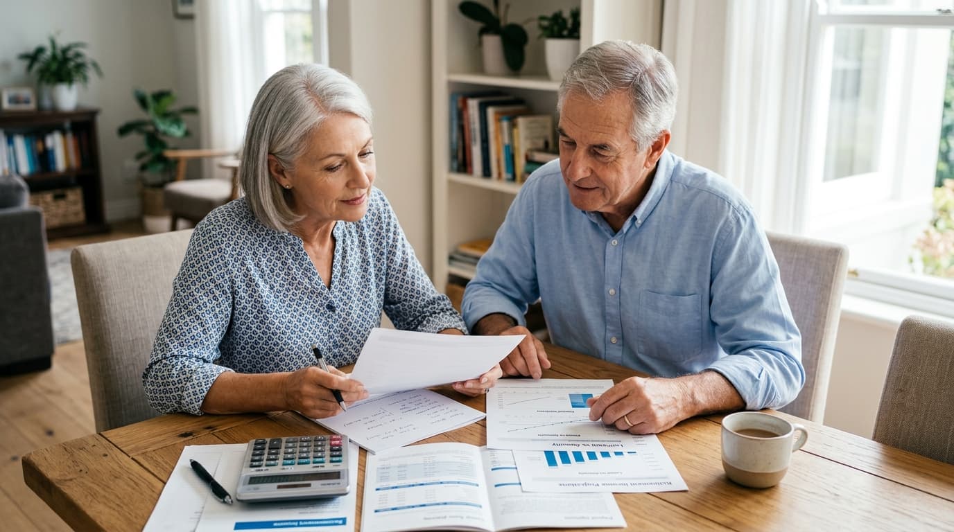 An older couple at a table with financial documents discuss the payout phase and retirement provision.