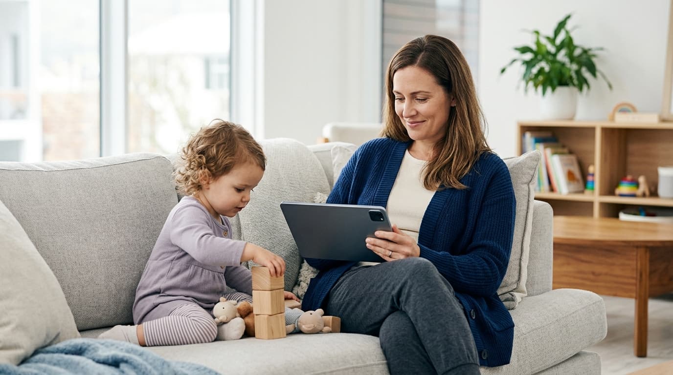 Eine Mutter mit Kleinkind berechnet am Tablet entspannt die Zulagen für ihr Altersvorsorgedepot in der Elternzeit. · KI-generiert