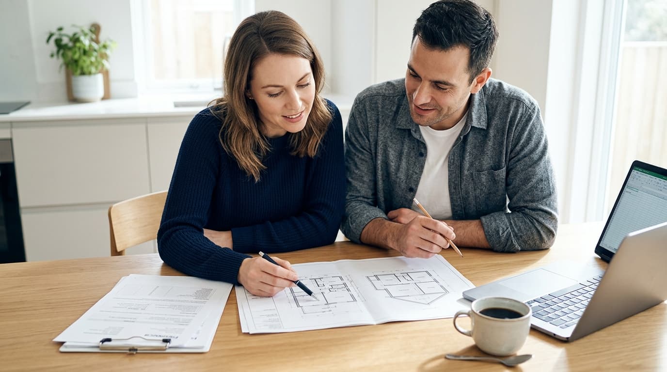 A couple sitting at a kitchen table, reviewing home financing plans together. · AI-generated