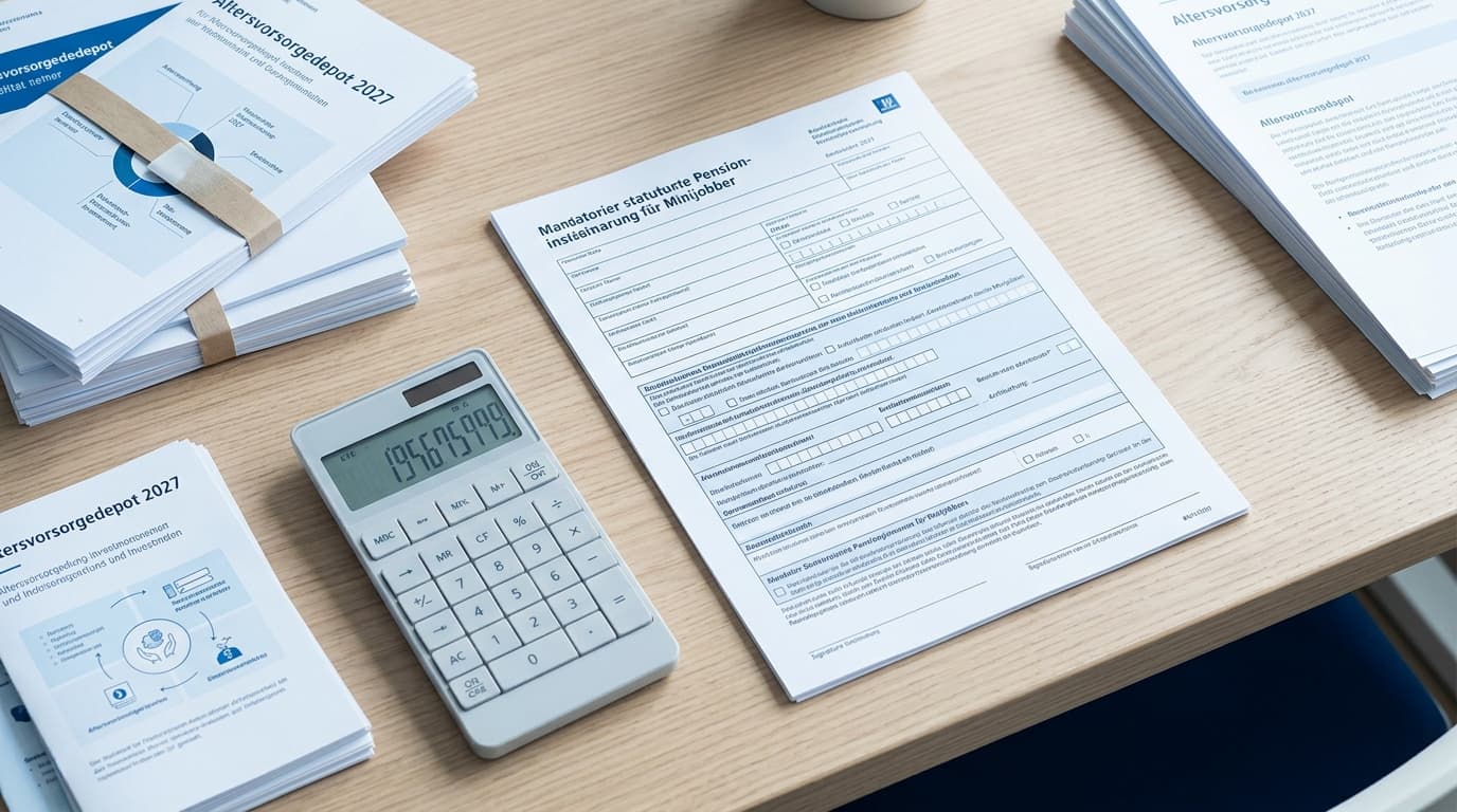 A detailed graphic shows an application form regarding mandatory statutory pension insurance for minijobbers, flanked by a calculator and documents for the Altersvorsorgedepot 2027 on a bright desk. · AI-generated