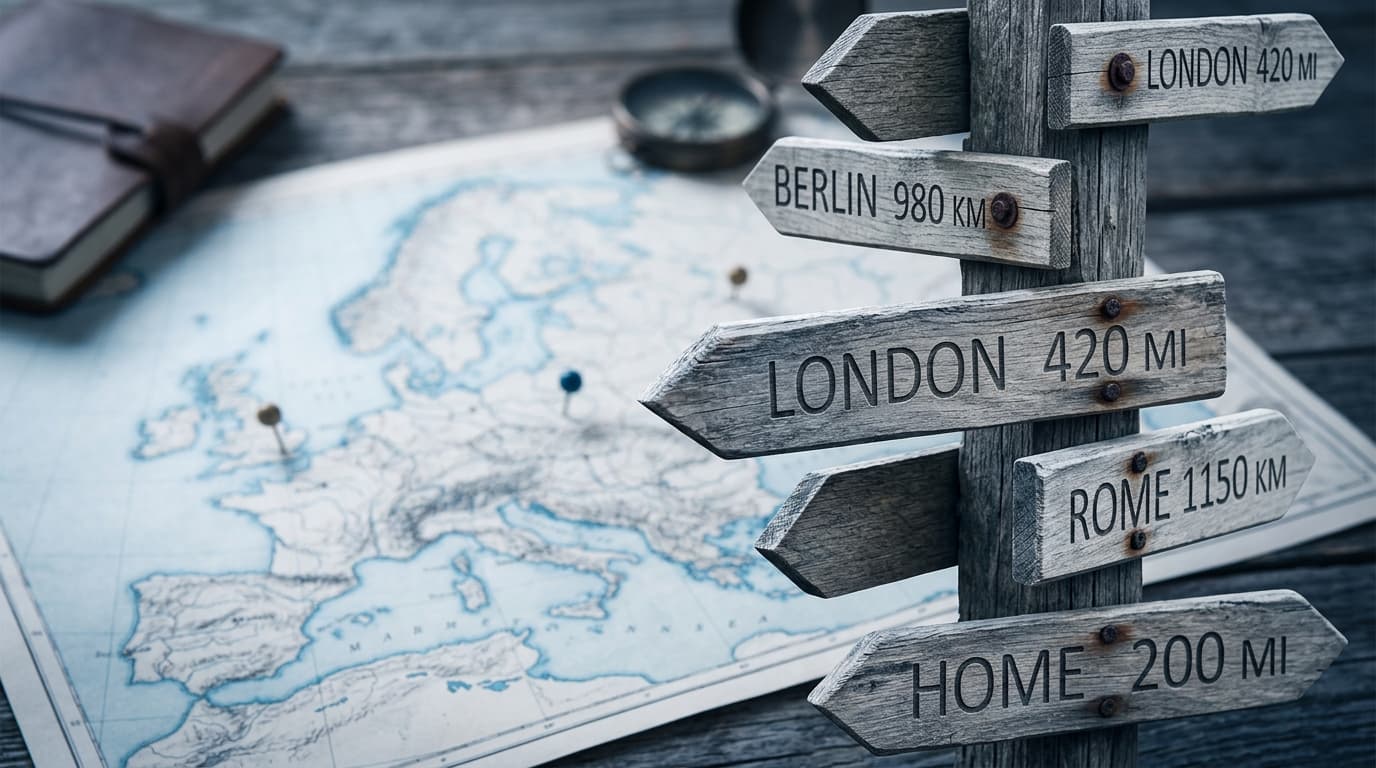 Ein Wegweiser mit Pfeilen, die auf verschiedene Länder und eine Europakarte zeigen, symbolisiert den Umzug ins Ausland mit dem Altersvorsorgedepot. · KI-generiert