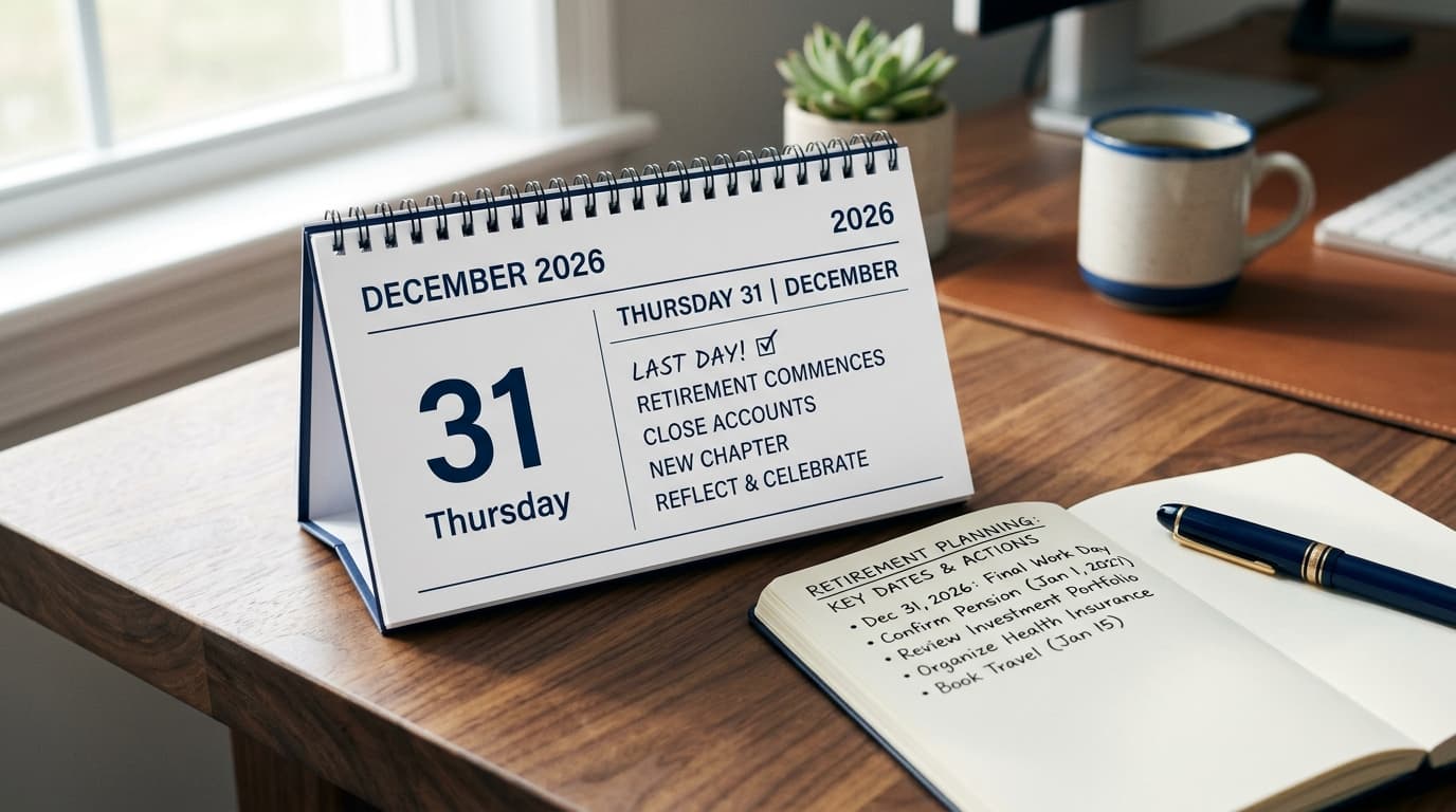 A calendar on a desk points to the date 31 December 2026, alongside notes on retirement provision.