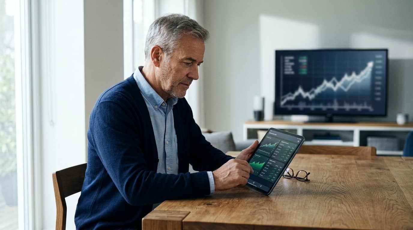 A composed investor analyses a securities account on a tablet, against a backdrop of stable price performance in retirement.