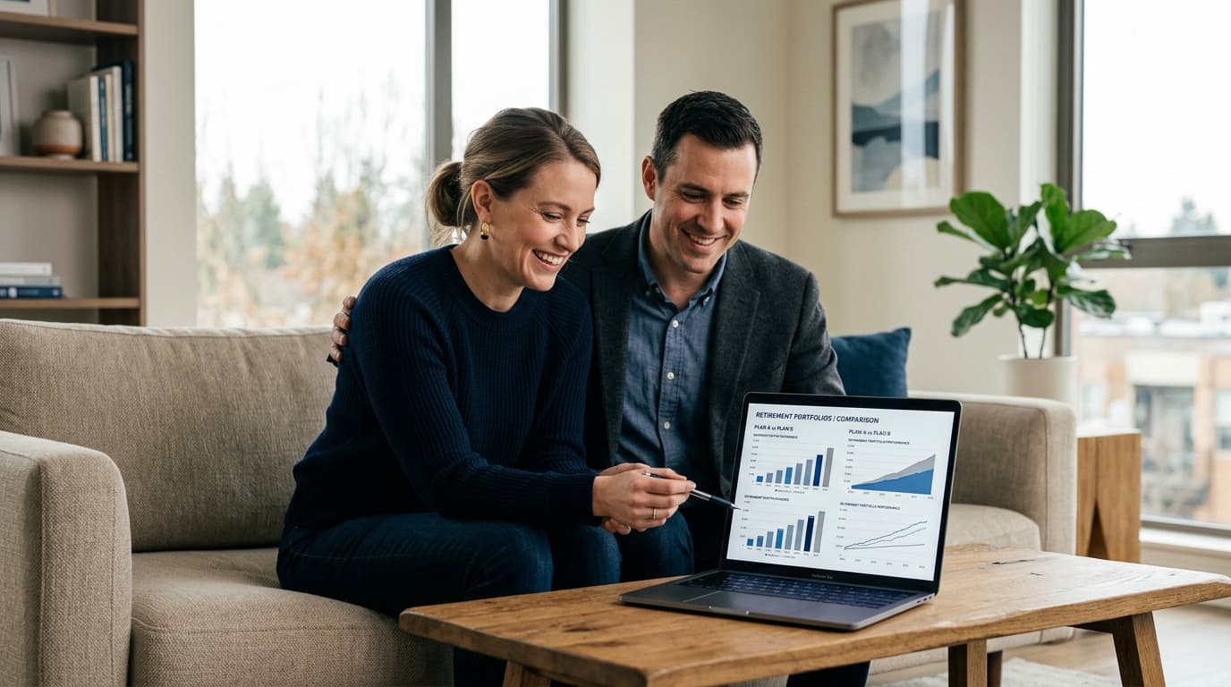 A smiling working couple sit together at a laptop, comparing financial data for two separate Altersvorsorgedepot accounts.