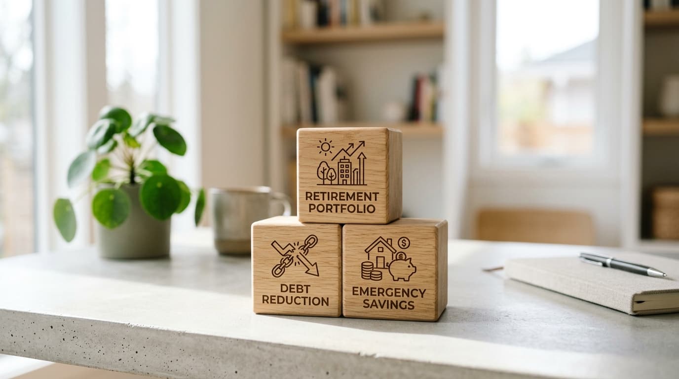 Eine schematische Darstellung von finanziellen Prioritäten, bei der ein stabiles Fundament aus Schuldenabbau und Notgroschen den Weg zum Altersvorsorgedepot ebnet.