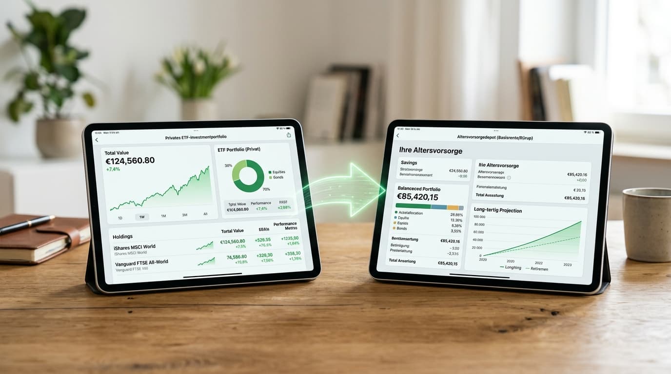 A split screen showing a private ETF portfolio on the left and an Altersvorsorgedepot on the right, connected by a money-transfer arrow.