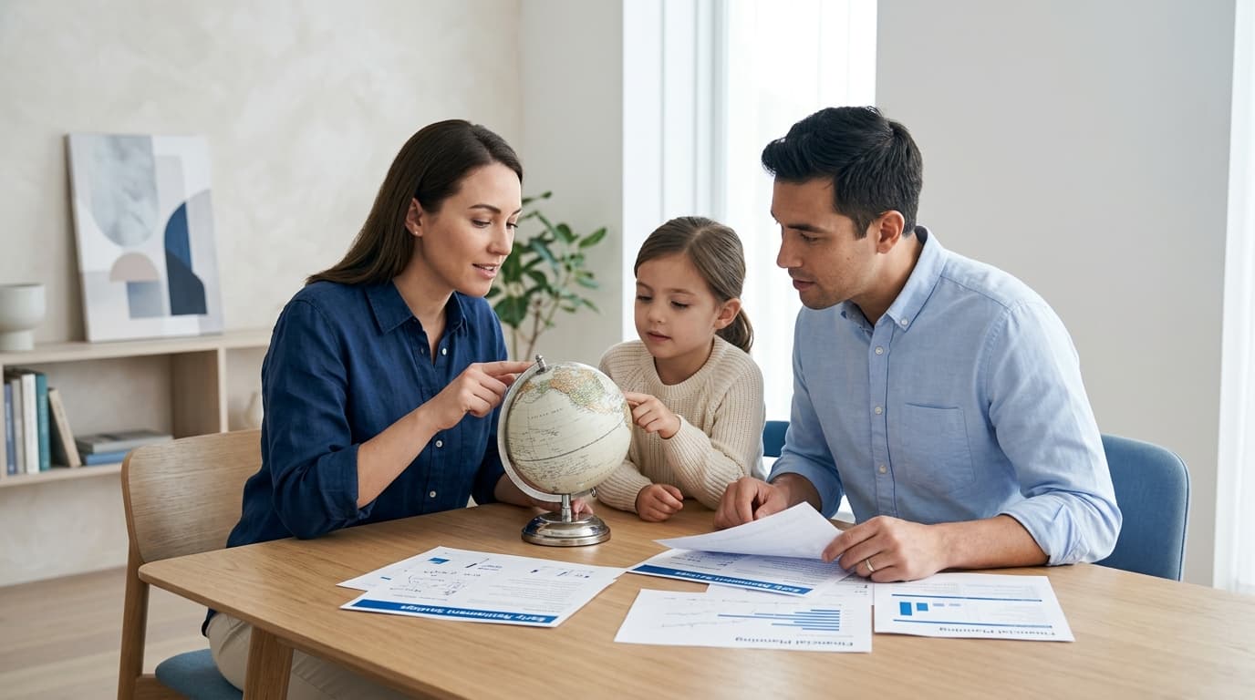Family looking at a globe and financial documents relating to the Frühstart-Rente while living abroad.