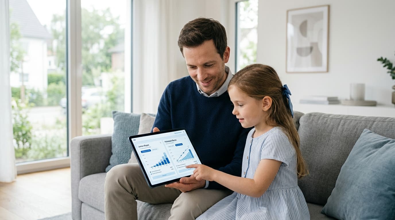 Ein Vater und seine Tochter schauen gemeinsam auf ein Tablet, um die Sparpläne für ein Junior-Depot und die Frühstart-Rente zu vergleichen. · KI-generiert